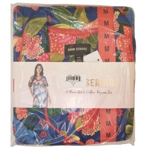 Room Service Pajama Set Women Blue (Blue Ground Flower) Notch Collar NWT